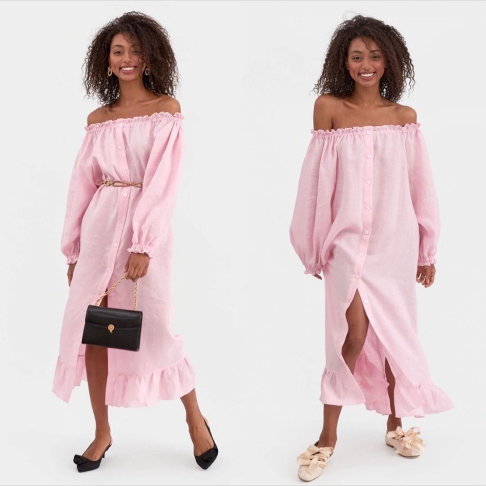 Sleeper Off-Shoulder Pink Midi Dress
